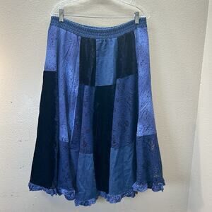 Vintage 90s Denim Lace Velvet Patchwork Ruffle Mixed Media Maxi Skirt 31” Waist